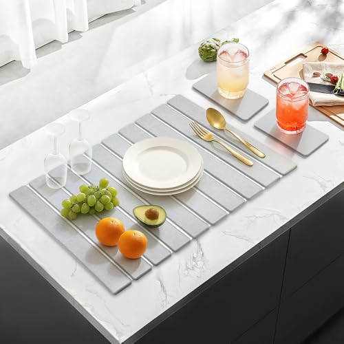 Large Stone Dish Drying Mat for Kitchen Sink Diatomite Countertop Dish | Diatomaceous Earth Mat Dishes Drainer Drying Tray Water Absorbent Quick Draining Pads Fast Foldable Bathroom Drying Mats - color: Light Gray