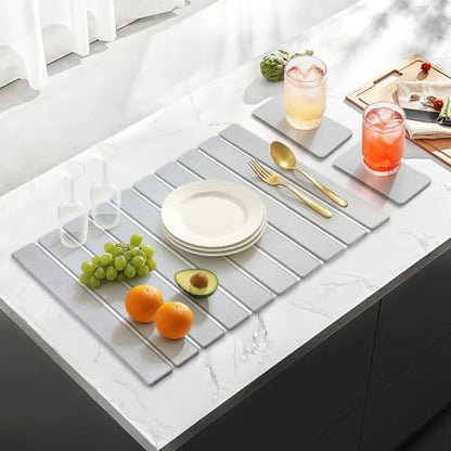 Large Stone Dish Drying Mat for Kitchen Sink Diatomite Countertop Dish | Diatomaceous Earth Mat Dishes Drainer Drying Tray Water Absorbent Quick Draining Pads Fast Foldable Bathroom Drying Mats - color: Light Gray