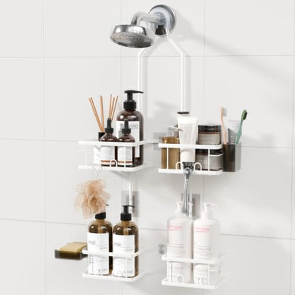 Adjustable Shower Caddy Hanging Rustproof Shower Caddy for Handheld Showerheads, Shower Organizer with Hooks Soap Holder, Anti-Swing Shower Rack Bathroom Accessories (White) - color: White