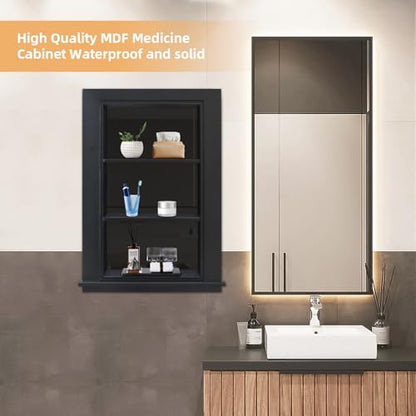 14 x 24 Recessed Medicine Cabinet, Black Bathroom Wall Cabinet, 3-Tier Wall Niche with Glass Interior, for Bathroom Storage - color: Black