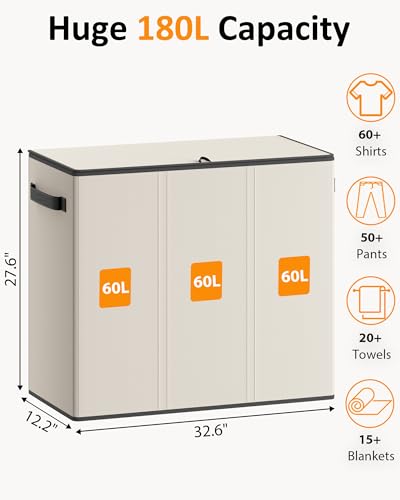 Optish 180L Laundry Hamper 3 Section, Large Laundry Hamper with Lid, Dirty Clothes Hampers with 3 Inner Bags, Laundry Basket Organizer for Laundry, Bedroom, Bathroom, Hamper 3 Compartment, White - color: White