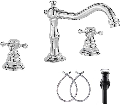 Two Handles Three Holes Faucet 8-16 inch Widespread Bathroom Sink Faucet Chrome Basin Mixer Tap Matching Metal Pop Up Drain with Overflow - color: Chrome, style: Metal Cover