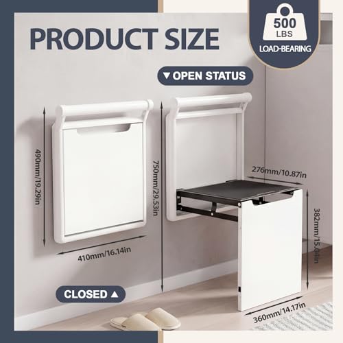 Geelin Foldable Wall Mounted Chair with Armrest, Heavy Duty Aluminum Alloy 500lb Capacity Shower Seat for Elderly and Pregnant Woman, Space Saving Shoe Changing Stool for Entryway, White
