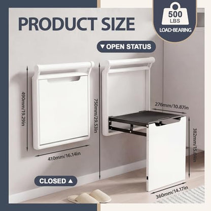 Geelin Foldable Wall Mounted Chair with Armrest, Heavy Duty Aluminum Alloy 500lb Capacity Shower Seat for Elderly and Pregnant Woman, Space Saving Shoe Changing Stool for Entryway, White
