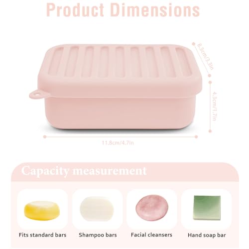 Silicone Travel Soap Case with Lid & Drain Tray, Leakproof, for Travel | Food-grade silicone, Leakproof seal, Built-in hook, Removable drain pad doubles as soap holder, For gym, travel, camping - color: Pink