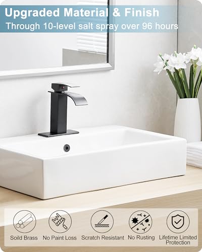 Matte Black Bathroom Faucet 1 Hole or 3 Hole (4 Inch), Brass Waterfall Faucet for Bathroom Sink, Modern Bathroom Faucets Single Handle with Deck Plate & Pop-up Drain Supply Hoses No Noise - color: Matte Black - Modern