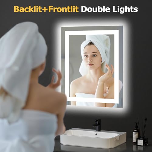 Hivone 24"X30" LED Bathroom Mirror with Lights, Anti-Fog, Dimmable, Backlit + Front Lit, Smart Bathroom Vanity Mirror, Memory Function, Shatterproof, Tempered Glass (Horizontal/Vertical) - size: 24"L x 30"W