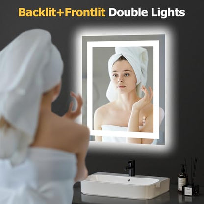 Hivone 24"X30" LED Bathroom Mirror with Lights, Anti-Fog, Dimmable, Backlit + Front Lit, Smart Bathroom Vanity Mirror, Memory Function, Shatterproof, Tempered Glass (Horizontal/Vertical) - size: 24"L x 30"W