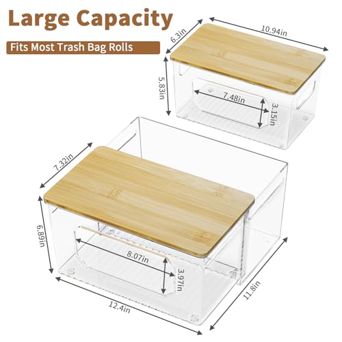 spospo Trash Bag Holder 3-in-1 Under Sink Organizer with Bamboo Lid | Acrylic Trash Bag Dispenser with Pull-Out Basket for Cleaning Supplies, Garbage Bag Holder for Kitchen Laundry Room Storage - size: 3-in-1