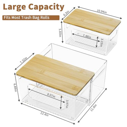 spospo Trash Bag Holder 3-in-1 Under Sink Organizer with Bamboo Lid | Acrylic Trash Bag Dispenser with Pull-Out Basket for Cleaning Supplies, Garbage Bag Holder for Kitchen Laundry Room Storage - size: 3-in-1