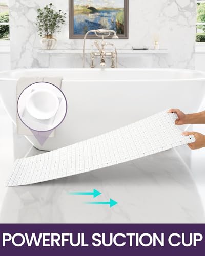 DEXI Bathtub Mat Non Slip, 39x16 Bath Tub Shower Floor Bathroom Mats White | Extra Long Suction Cups, Drain Holes, Machine Washable for Tub Shower Floor Bathmat - color: White