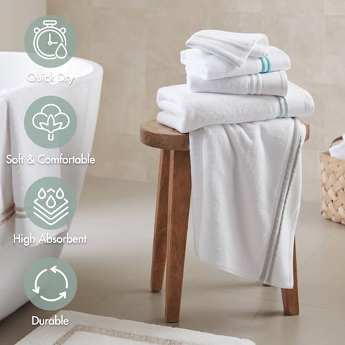 Madison Park Roan Border Cotton Bath Towel Set Absorbent, 6 Piece, Seafoam | Microfiber, Soft Pile, Machine Washable, OEKO-TEX Certified, Plush Bathroom Mat, Non Slip TPR Backing - color: Seafoam