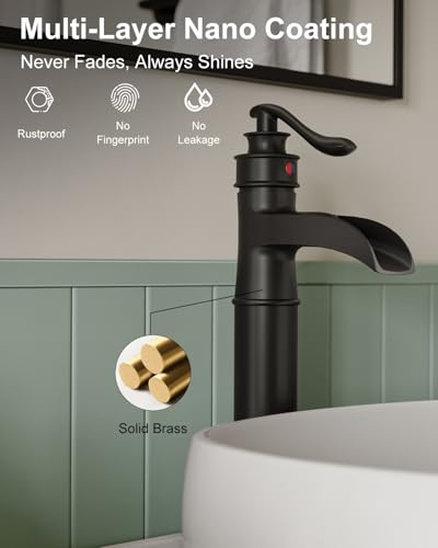 BWE Vessel Sink Faucet Waterfall Matte Black Bathroom Faucets Single Hole | Tall Sink Faucet Bathroom One Handle Vanity Bath Mixer Tap with Pop Up Drain Without Overflow and Supply Lines - color: Black