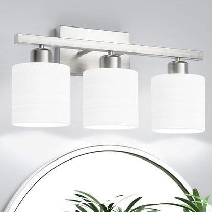 Bathroom Light Fixtures, Bathroom Lighting Fixtures Over Mirror, Classic Vanity Lights, Modern Vanity Light with Textured Frosted Opal White Glass Shades, Brushed Nickel, 3-Light - color: ‎Brushed Nickel, size: 3-Light