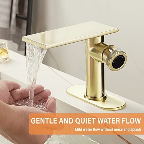 becola Modern Brushed Gold Bathroom Faucet，Waterfall Faucet for Bathroom Sink，Single Hole Cold and Hot Basin Mixer Tap，Single Handle Vanity Faucet with Adjust Knobs and Deck Plate - color: Brushed gold, size: low