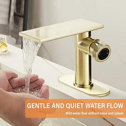 becola Modern Brushed Gold Bathroom Faucet，Waterfall Faucet for Bathroom Sink，Single Hole Cold and Hot Basin Mixer Tap，Single Handle Vanity Faucet with Adjust Knobs and Deck Plate - color: Brushed gold, size: low