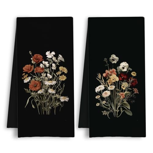 Dark Cottagecore Floral Kitchen Towels, Rustic Vintage Botanical Dish Tea Towels, Farmhouse Wildflower Decorative Hand Towel for Bathroom Kitchen, 16x24 Inch Set of 2 - color: Farmhouse Wildflower