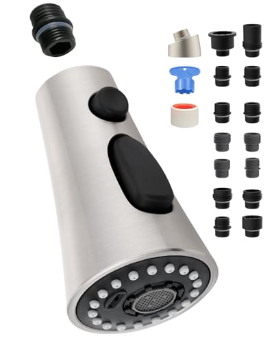 Universal Kitchen Faucet Head, 3 Modes, 15 Adapters Kit, Brushed Nickel | NSF/ANSI/CAN 372 Certified, Compatible with Kohler/Moen/Delta, 3 Function Pull Down Sink Faucet Spray Head Replacement, G1/2 - color: Brushed Nickel