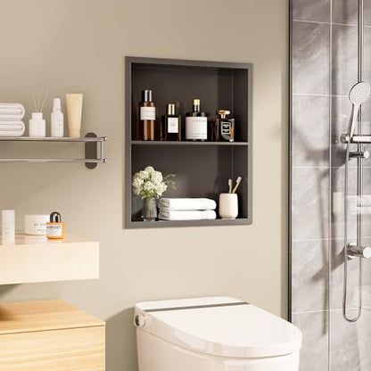 14x18 Recessed Medicine Cabinet, Bathroom Wall Cabinet, 304 Stainless Steel Recessed Wall Niche with 2-Tiers Shelves, Matte Gray - color: Matte Gray, size: 14'' x 18''