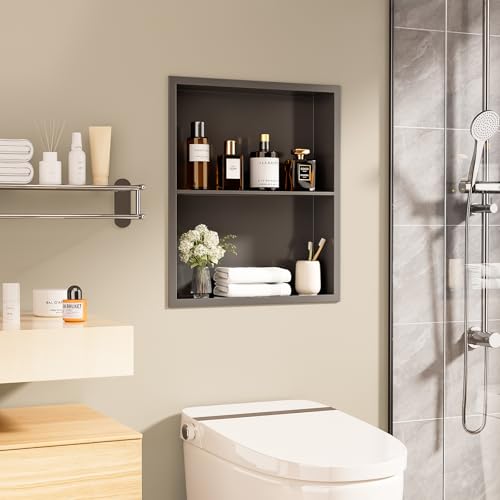14x18 Recessed Medicine Cabinet, Bathroom Wall Cabinet, 304 Stainless Steel Recessed Wall Niche with 2-Tiers Shelves, Matte Gray - color: Matte Gray, size: 14'' x 18''