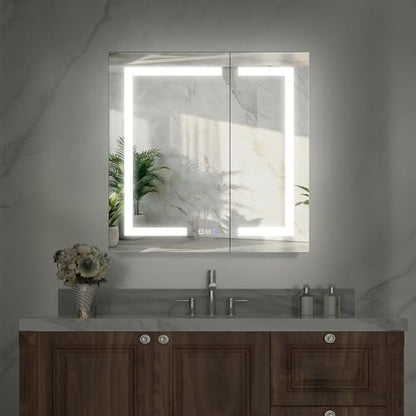 30x30" Wall-Mounted LED Bathroom Medicine Cabinet, Anti-Fog, 3 Color Temp | Surface-Mount/Recessed, Double-Sided Mirror Cabinet with DTC Silent-Close Hinges, Adjustable Tempered Glass Shelf - size: 30W x 30H Inch