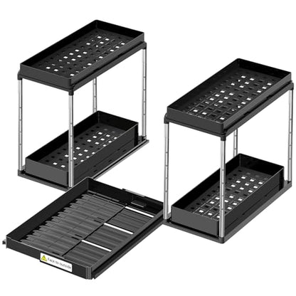 NIUXX Expandable Under Sink Organizer: 2 Tier Height Adjustable | Under Cabinet Organizer - Double Pull Out Shelf Under Sink Storage for Kitchen - Bathroom and Laundry Room - Space Saving - size: 27.9"L x 15.51"W-Height adjustable