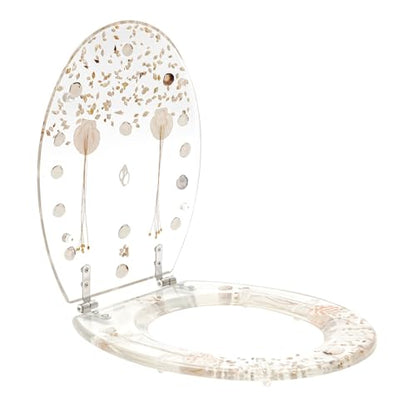 Resin Toilet Seat Round Soft Close Quick Release Heavy Duty Toilet Seats with Clear Seashells Cover Acrylic Seats Ocean Series