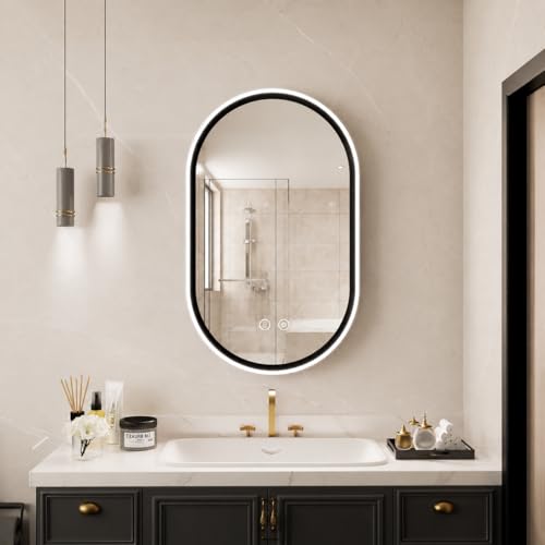 Led Bathroom Mirror with Lights, 20'' x 33'' Oval Heavy Duty Aluminum Frame Bathroom Vanity Mirror with Lights, 3 Colors, Brightness Stepless Dimmable, Anti-Fog, Memory Function, Single LED Black - color: Oval-20"l X 33"w-no Back Board, size: 33"L x 20"W