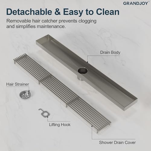 24 Inch Linear Shower Drain, Brushed Nickel Rectangular Floor Drain with Removable Grate, SUS304 Stainless Steel, High Flow Capacity and cUPC Certified - color: Brushed Nickel, size: 24