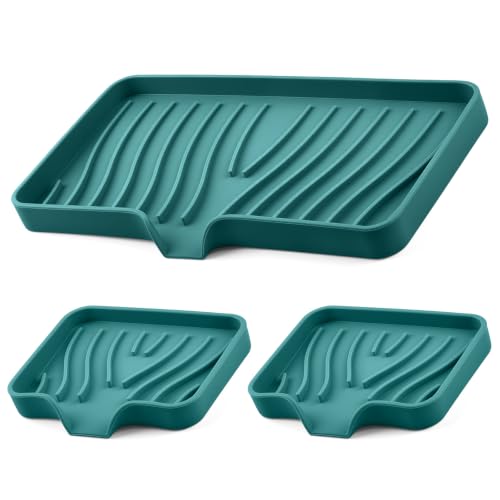 Silicone Soap Dish with Drain Spouts, Bar Soap Holder, Self-Draining Sink Organizer Kitchen Sponge Tray, Non-Slip Dispensers for Bathroom, Kitchen (Deep Green, 1 Long + 2 Short) - color: Deep Green