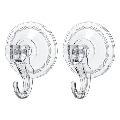 Suction Hooks 2 Packs, Clear Powerful Push and Lock Vacuum Suction Cup, Multi-Purpose Suction Shower Hooks for Front Door Window Glass Kitchen Towel Loofah Utensils, 2pcs