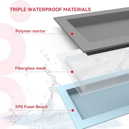 Shower Niche Insert Tile Ready 12x12 | Embedded size 13x13, mortar surface for strong tile bonding, waterproof coating for double water protection, double shelf - size: 12" x 12"