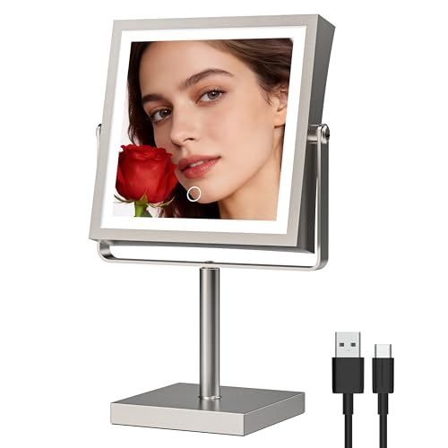 Ruacq Makeup Mirror with Lights, 4000mAh Rechargeable Magnifying Mirror with Light, 1X/10X, Height Adjustable Bathroom Vanity Mirror, 3 Colors, Adjustable Brightness (Brushed Nickel) - color: Brushed Nickel