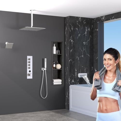 Thermostatic Digital Dual Rain Heads Tub Shower System Can Run Together | 4-Way Shower Faucts Set with Waterfall Spout, 12" Rainfall + 6" Tilted Shower and Brass Handheld, Brushed Nickel - color: Brushed Nickel, style: 12” + 6" + Spout