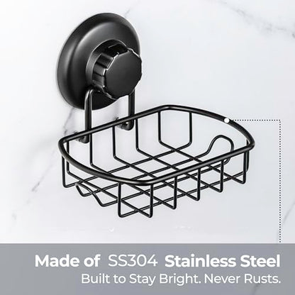 HASKO accessories Suction Soap Dish with Hooks - Super Powerful Vacuum Suction Cup Shower Soap Holder - Rustproof Stainless Steel SS304 Soap Basket - Sponge Holder for Bathroom & Kitchen (Black) - color: Black