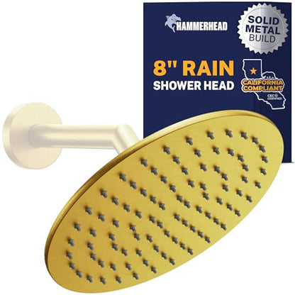 HammerHead Showers Solid Metal Round 8 Inch Rainfall Shower Head, High Flow Shower Head Optimized for Pressure, Brushed Gold, 1.75 GPM - color: Brushed Gold, size: 1.75 GPM
