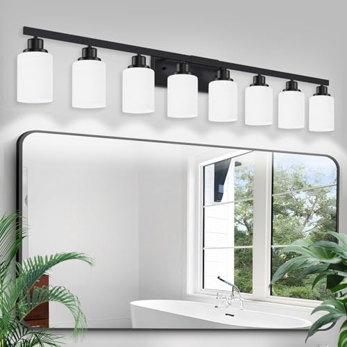 8-Light Bathroom Light Fixtures Over Mirror, 52inch Modern Matte Black Vanity Lights with White Frosted Glass Shade, Bathroom Wall Lamp Sconces for Mirror Bedroom, Living Room Hallway - color: Black, size: 8-Light