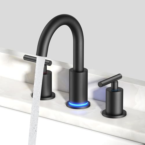 FORIOUS LED Bathroom Faucet Black 3 Hole with 3 Color Light, 8" Widespread | Matte Black Faucet for Bathroom Sink 3pc with Temperature Changing Lights, 8 Inch Widespread LED Bathroom Sink Faucet 3 Hole - color: Matte Black, style: Contemporary