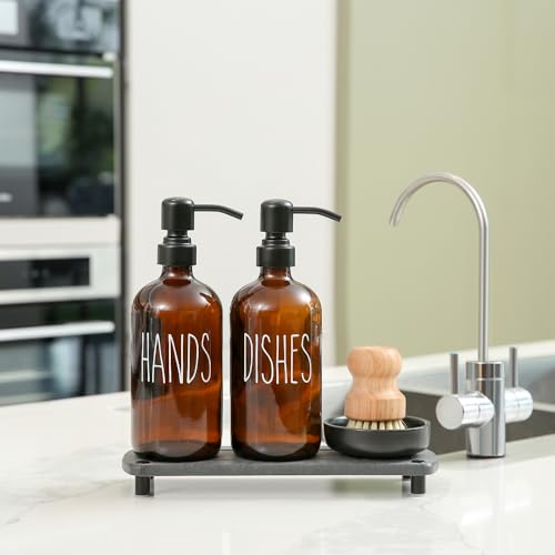 MOMEEMO Amber Glass Soap Dispenser Set Comes with Stainless Steel Pumps | Instant Dry Tray and Dish Scrub Brush, Suitable for Soap Dispenser for Kitchen Sink - color: Amber1