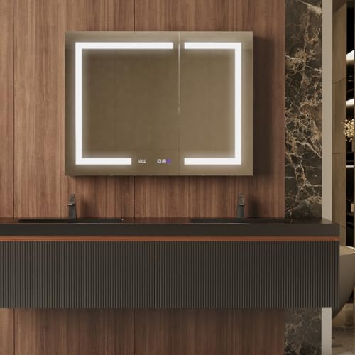 42" W Smart Lighted Medicine Cabinet with Mirror for Bathroom, Recessed/Surface Mount Medicine Cabinet with Anti-Fog, 1800W Charging Station, USB Ports, 3 Color Lights