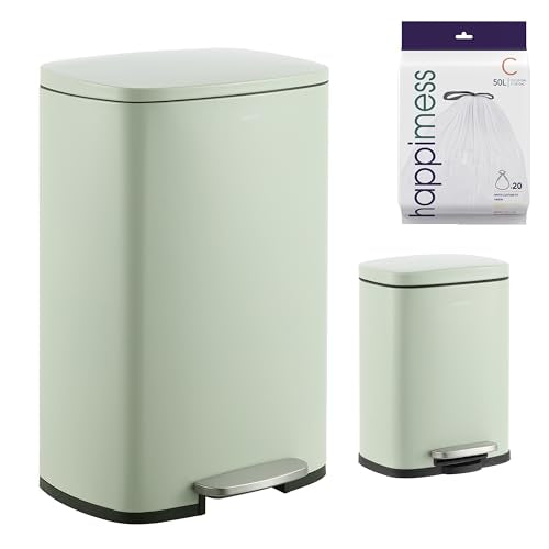 happimess Connor 2-Piece Iron Trash Can, Pistachio Gelato | 13.2 And 1.3 Gallons, Rectangular, Soft-Close Lid, Step Pedal, 20 Liners, 26" And 12" Height - color: Pistachio Gelato