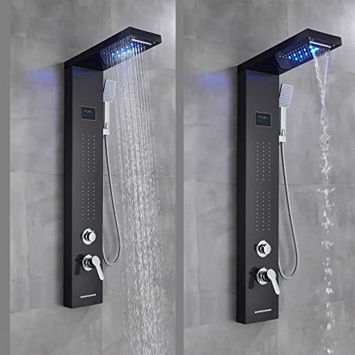LED Light Shower Panel Tower Rainfall Waterfall Shower Head with Massager Jets Body System Jet Black B (Color : Black B) - color: Black B