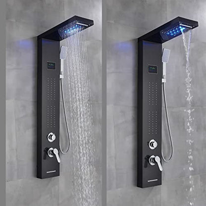 LED Light Shower Panel Tower Rainfall Waterfall Shower Head with Massager Jets Body System Jet Black B (Color : Black B) - color: Black B