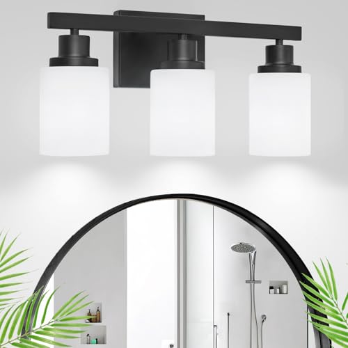 3-Light Bathroom Light Fixtures Over Mirror, Modern Matte Black Vanity Lights with White Frosted Glass Shade, Bathroom Wall Lamp Sconces for Mirror Bedroom, Living Room Hallway - color: Black, size: 3-Light