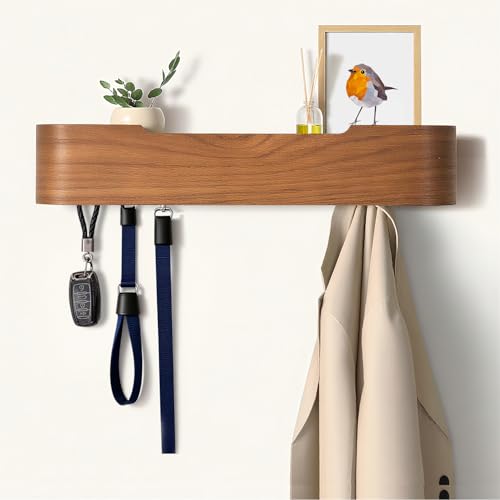 Coat Rack Wall Mount with Hidden Hooks, Wall Hooks with Shelf, Wall Key Holder Mount Wooden Shelf Entryway Hooks for Bedroom Bathroom for Hanging Coats Hats Bags Towels (Walnut, 8 Hooks) - color: Walnut, size: 8 Hooks
