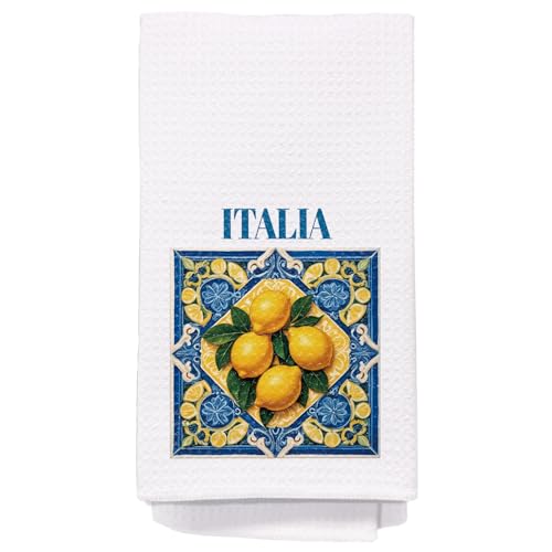Italian Lemon Kitchen Towels, Italian Gifts for Women Dish Tea Towels for Kitchen, Traditional Italiana Ceramic Tiles Lemons Decorative Hand Towel, 16x24 Inch - color: Lemon-01
