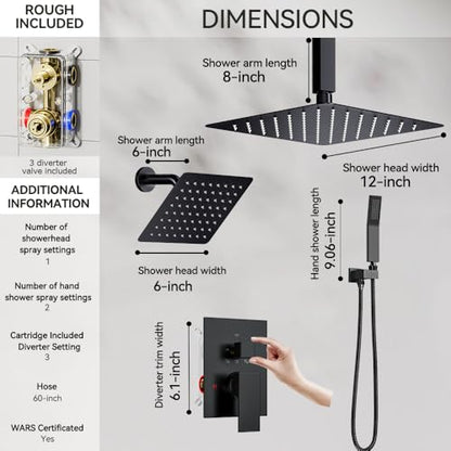 Shower System Shower Faucet Set, STARBATH 12"+6" Ceiling Mount Rain Shower Head and Handheld Spray for Two Person, Rainfall Shower System with Diverter Valve and Trim Kit Complete，Matte Black - color: Matte Black, size: 12"+6"-2