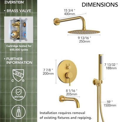 10" High-Pressure Rainfall Shower System with Handheld Spray, Wall Mount Bathroom Shower Faucet Set with Tub Spout, Brushed Gold (Valve Included) - color: Brushed Gold, style: With Tub Spout
