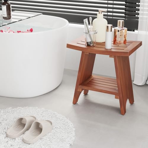 EROMMY 18" Teak Shower Bench with Storage Shelf, Solid Teak Wood Shower Seat, Waterproof Shower Stool for Shaving Legs, Shower Chair for Inside Bathroom Indoor Outdoor Patio Pool - size: 18" Teak Shower Bench