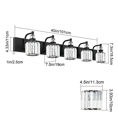 Ralbay Crystal Black Vanity Light Fixtures 5 Light Crystal Bathroom Light Fixtures Over Long Mirror Modern Matte Black Bath Wall Lights - color: Black, size: 40 inch